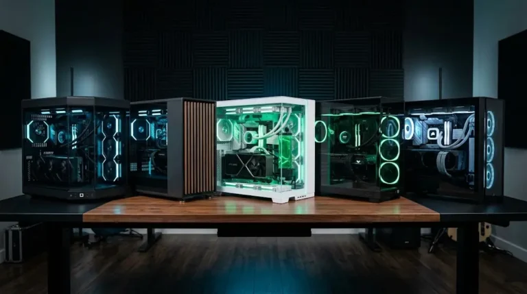Five modern prebuilt gaming PC desktops lined up on a desk for brand comparison review