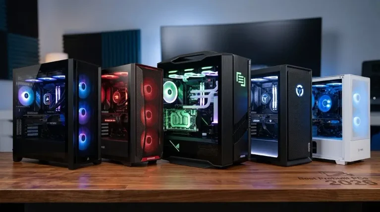 Five top prebuilt gaming PCs for 2026 displayed side-by-side with RGB cooling and modern cases on a studio desk
