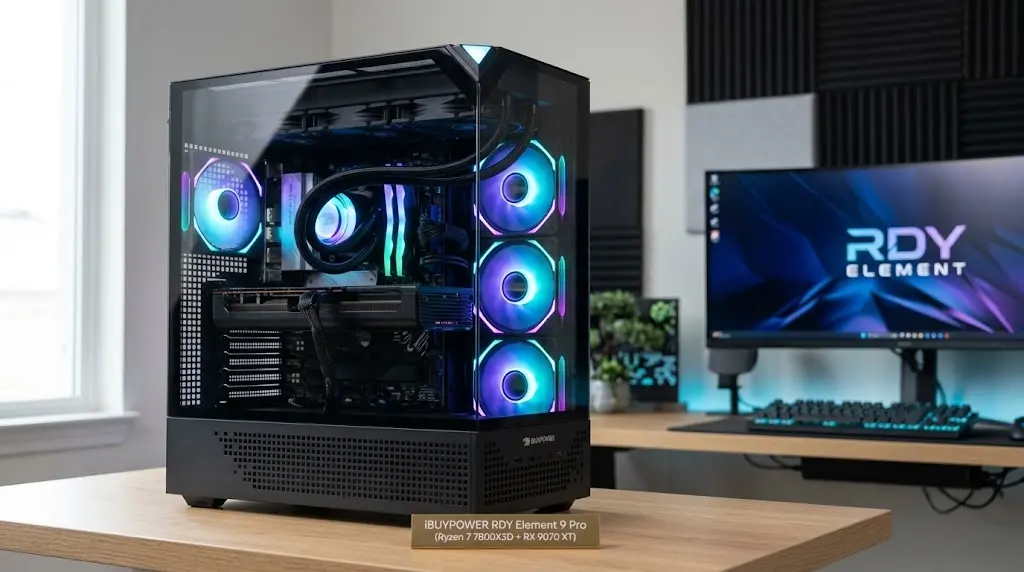 iBUYPOWER RDY Element 9 Pro gaming desktop featuring dual-chamber panoramic glass chassis, RGB cooling fans, Ryzen 7 7800X3D and Radeon RX 9070 XT.