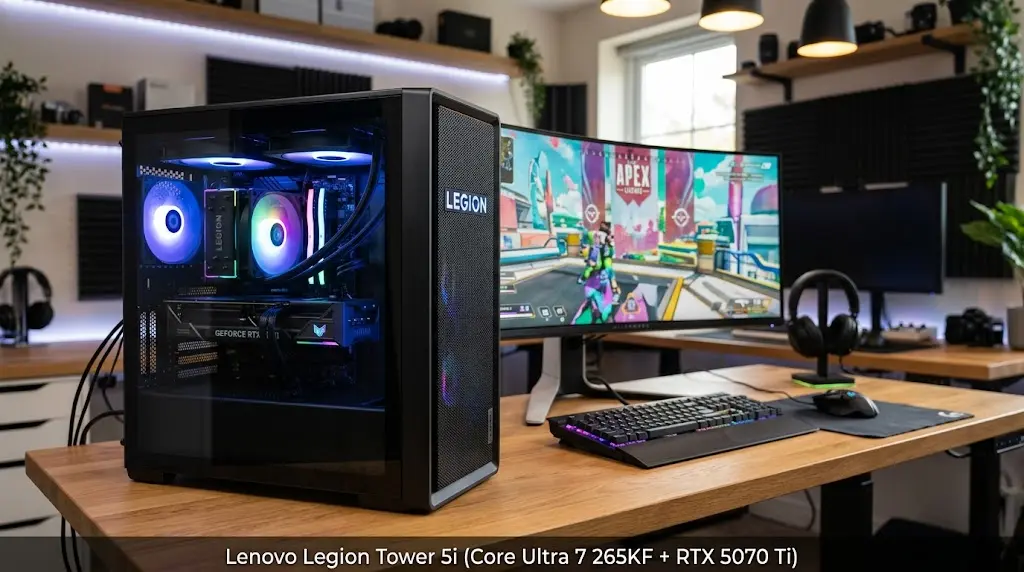 Lenovo Legion Tower 5i prebuilt gaming PC showcasing internal RGB lighting, air cooler, Intel Core Ultra 7 265KF processor, and NVIDIA GeForce RTX 5070 Ti graphics card.