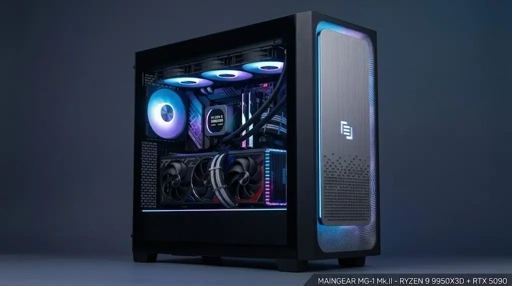 Maingear MG-1 Mk.II enthusiast gaming PC with custom liquid cooling, AMD Ryzen 9 9950X3D, and NVIDIA GeForce RTX 5090.