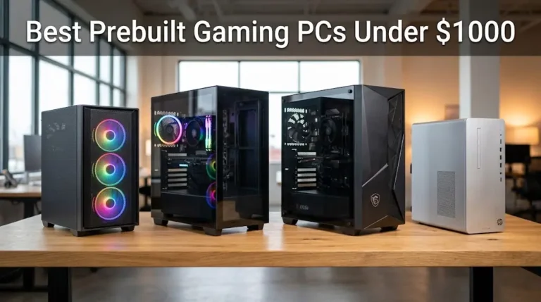 Four budget prebuilt gaming PCs under $1000 from Skytech, CyberPowerPC, MSI, and HP arranged on a wooden desk.
